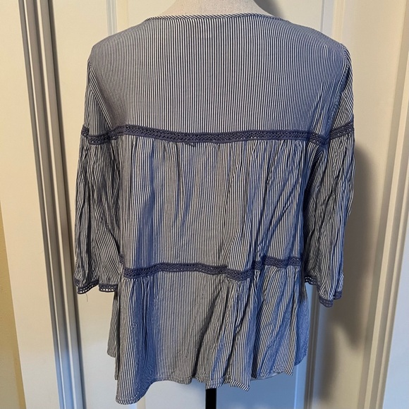 Max Studio Tiered Swing Top in Breezy Soft Rayon with Stripes in Blue - Picture 2 of 5